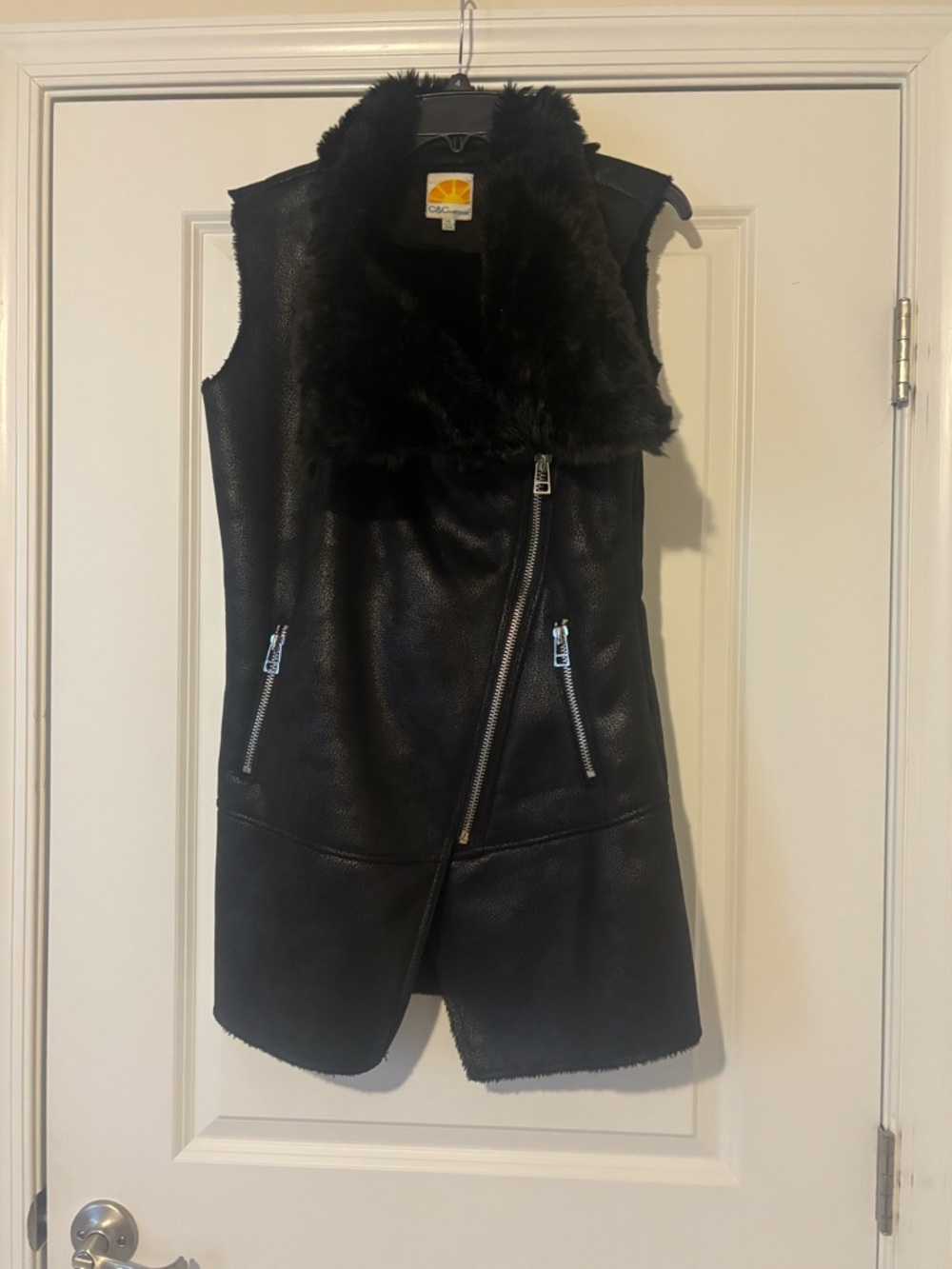 C&C California Black Faux Leather Vest with Faux Fur Collar